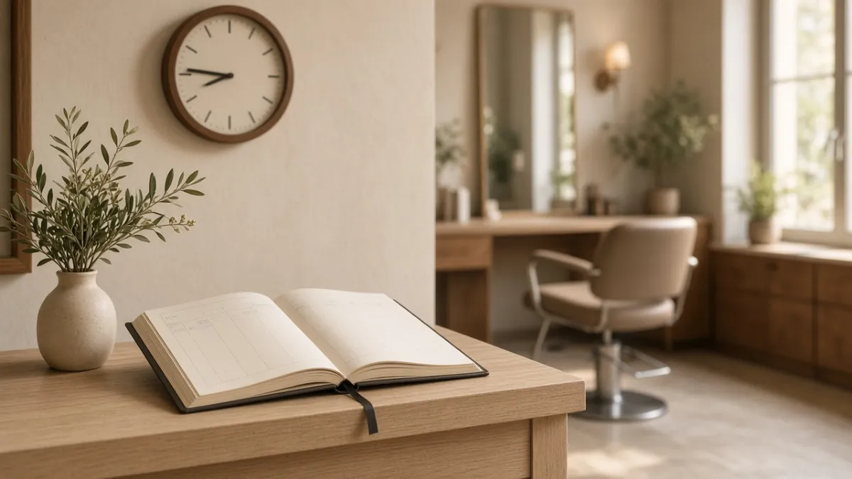 Libro de citas abierto en el mostrador de una peluquería, con un sillón vacío al fondo