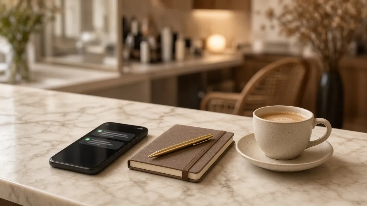 Teléfono móvil sobre el mostrador de una peluquería, junto a un cuaderno y un café